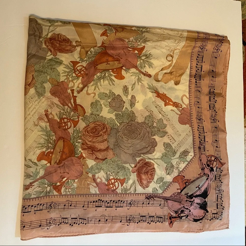 OSCAR DE LA RENTA SCARF PINK CREAM BLACK SILK MUSICAL NOTES INSTRUMENTS FLORAL